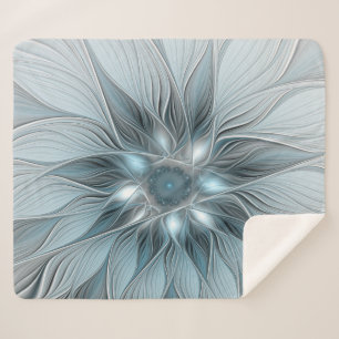 Joyful Flower Abstract Blue Grey Floral Fractal Sherpa Blanket