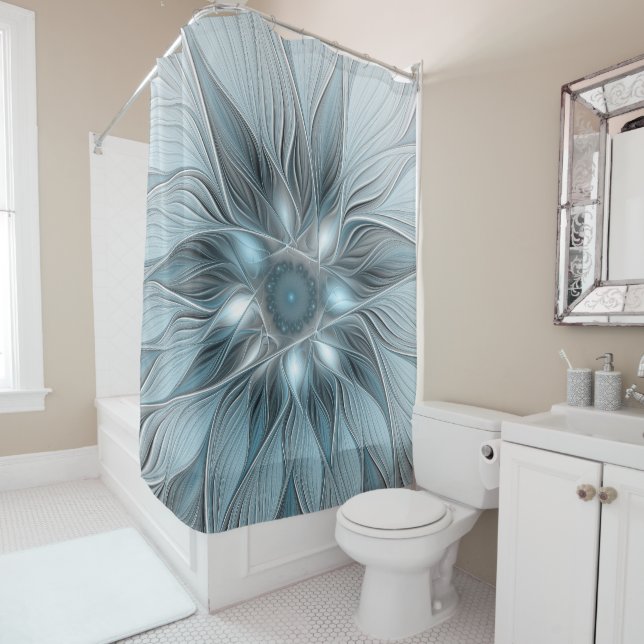 Joyful Flower Abstract Blue Grey Floral Fractal Shower Curtain (In Situ)