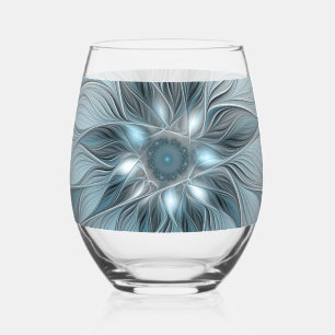 Joyful Flower Abstract Blue Grey Floral Fractal Stemless Wine Glass