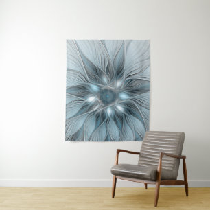 Joyful Flower Abstract Blue Grey Floral Fractal Tapestry