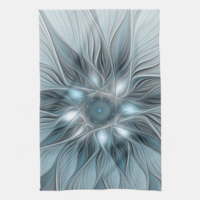 Joyful Flower Abstract Blue Grey Floral Fractal Tea Towel (Vertical)