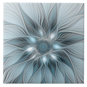 Joyful Flower Abstract Blue Grey Floral Fractal Tile