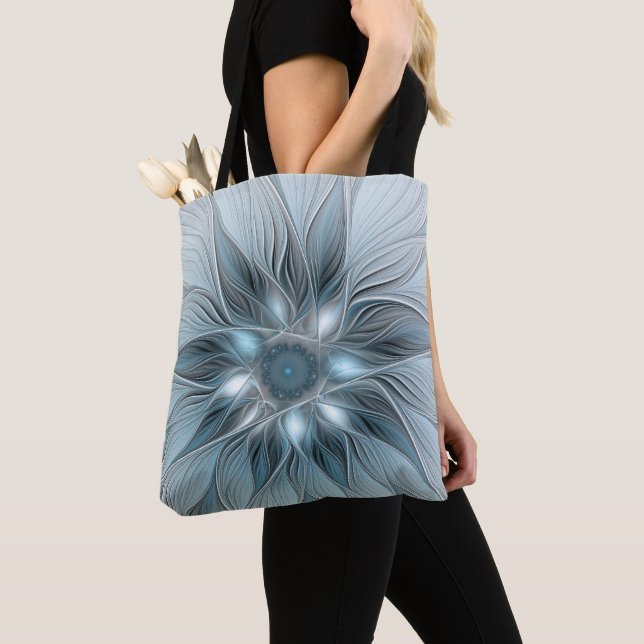 Joyful Flower Abstract Blue Grey Floral Fractal Tote Bag (Close Up)