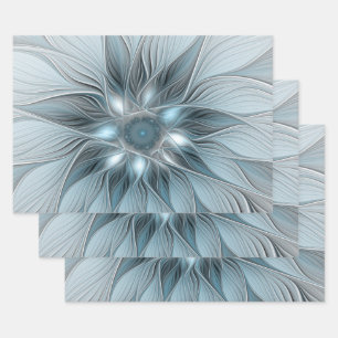 Joyful Flower Abstract Blue Grey Floral Fractal Wrapping Paper Sheet