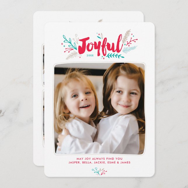 Joyful Foliage Christmas Holiday 4 Photo Flat Card (Front/Back)
