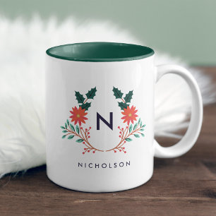 Joyful Foliage Holiday Monogram Two-Tone Coffee Mug