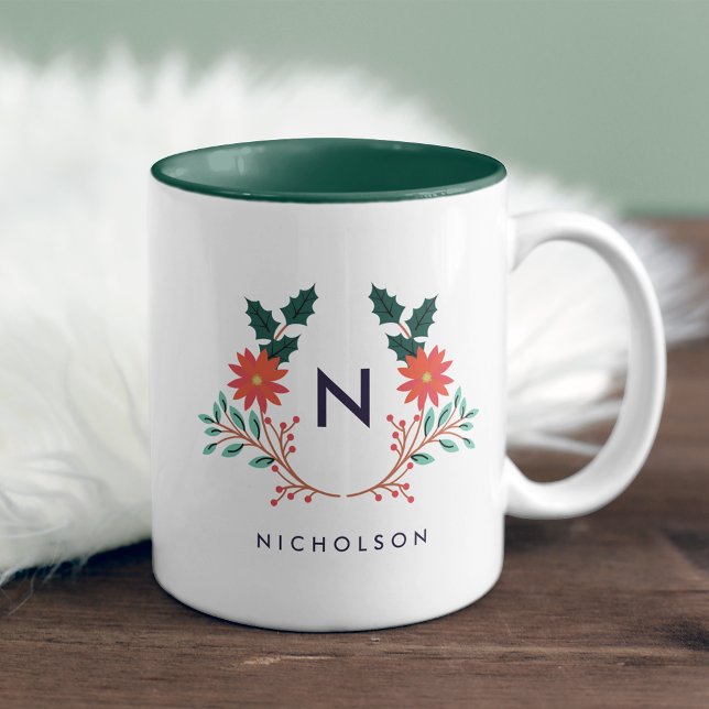 Joyful Foliage Holiday Monogram Two-Tone Coffee Mug (Creator Uploaded)