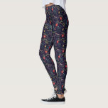 Joyful Foliage | Holiday Patterned Leggings<br><div class="desc">Festive holiday leggings feature a botanical pattern of poinsettias,  pears,  branches,  berries and greenery on a dark midnight blue background.</div>