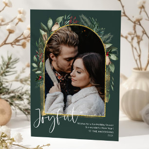 JOYFUL Forest Green Gold Arch & Snow Overlay Photo Holiday Card