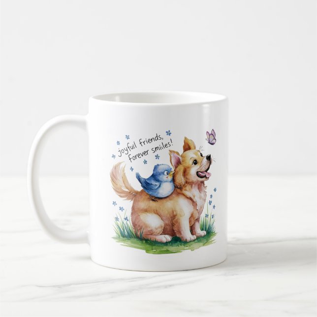 joyful friends. forever smiles. day dogs design coffee mug (Left)