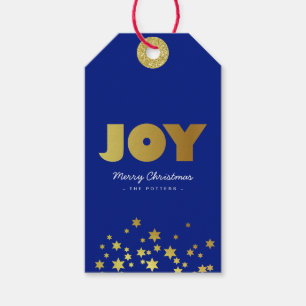 Joyful   Fun Christmas Blue & Gold Gift Tags