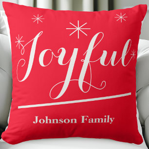 Joyful Gift Script Name Chic Rustic Red Christmas Cushion