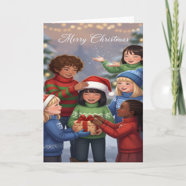 Joyful Gift-Sharing Kids Christmas Card (Front)