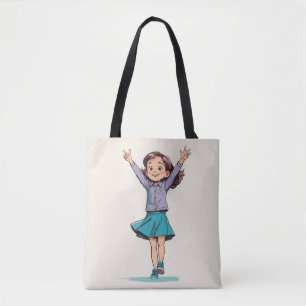 Joyful Girl Celebration: Cartoon Childhood Triumph Tote Bag