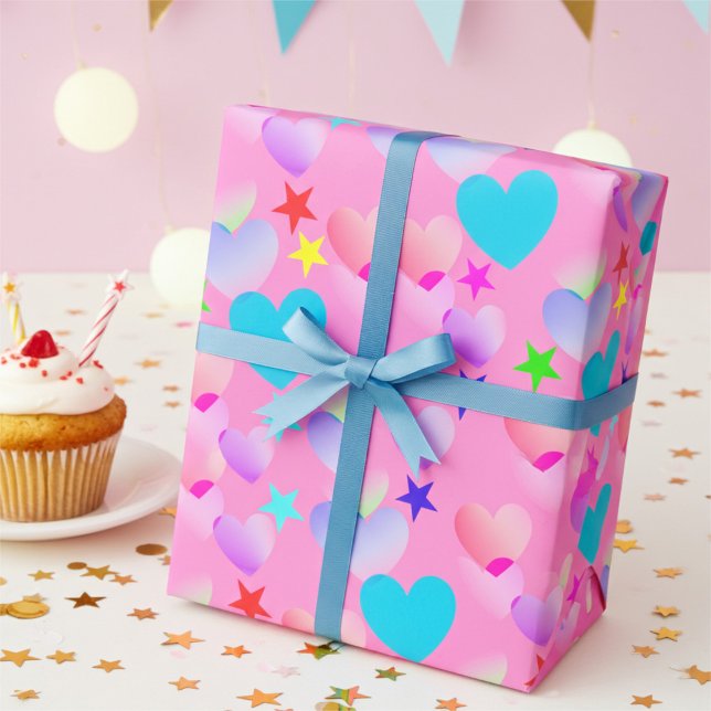 Joyful Gliding Hearts and Stars Birthday Wrapping Paper (Creator Uploaded)