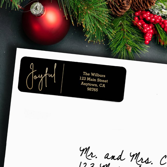 JOYFUL Gold and Black Christmas Return Address (JOYFUL faux gold foil script on black return address labels)