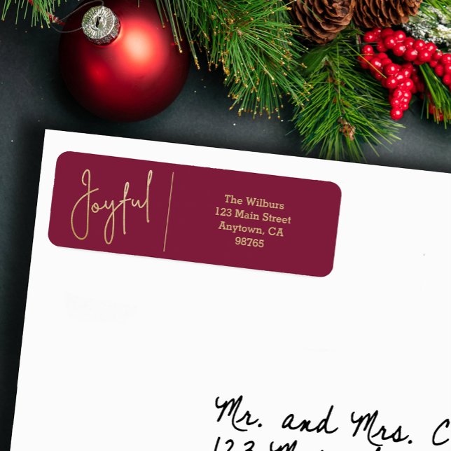 JOYFUL Gold and Cranberry Christmas Return Address (JOYFUL Faux Gold Foil on Cranberry Return Address Labels)