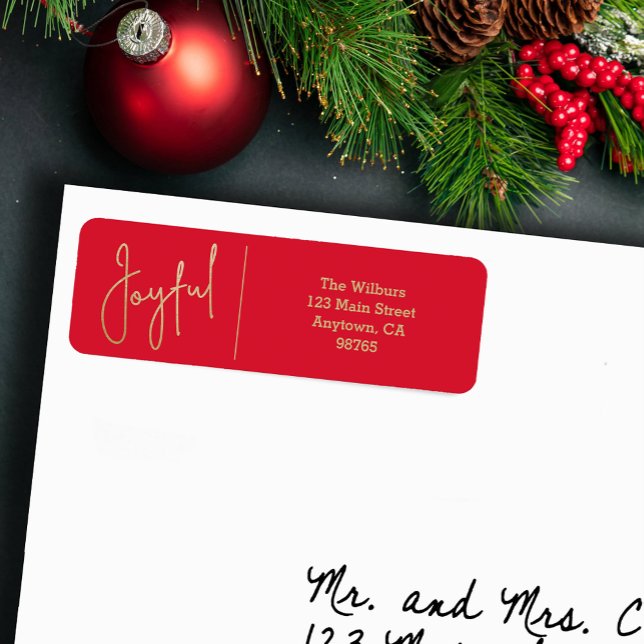 JOYFUL Gold and Red Christmas Return Address (JOYFUL Faux Gold Foil on Red Return Address Labels)