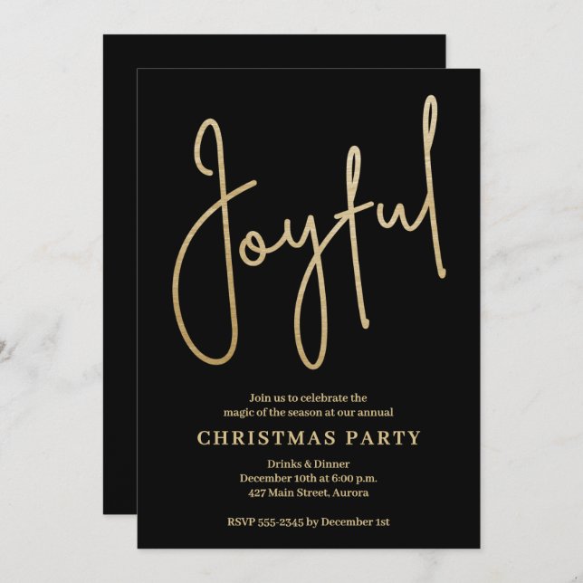 JOYFUL Gold Faux Foil on Black Christmas Party Invitation (Front/Back)
