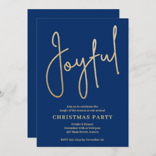 JOYFUL Gold Faux Foil on Blue Christmas Party Invitation