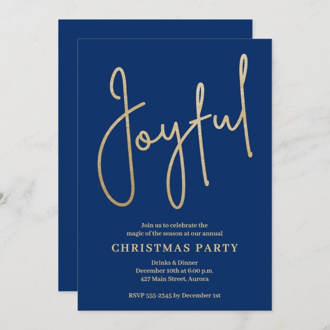 JOYFUL Gold Faux Foil on Blue Christmas Party Invitation (Front/Back)