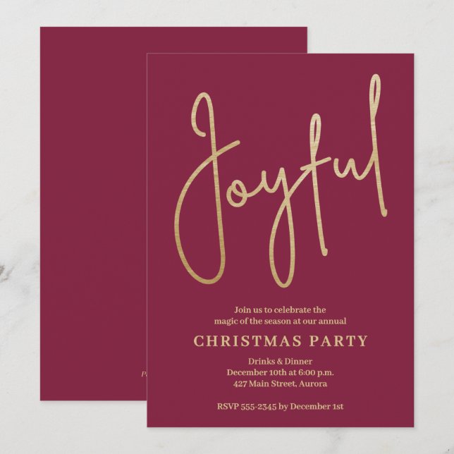 JOYFUL Gold Faux Foil on Cranberry Christmas Party Invitation (Front/Back)