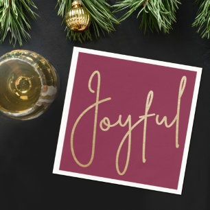 JOYFUL Gold Faux Foil on Cranberry Napkin