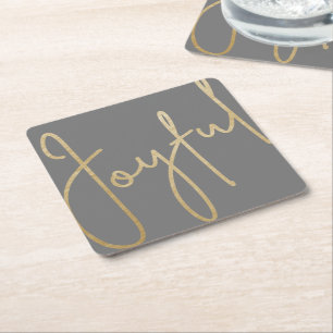 JOYFUL Gold Faux Foil on Grey Square Paper Coaster