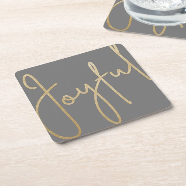 JOYFUL Gold Faux Foil on Grey Square Paper Coaster (Angled)