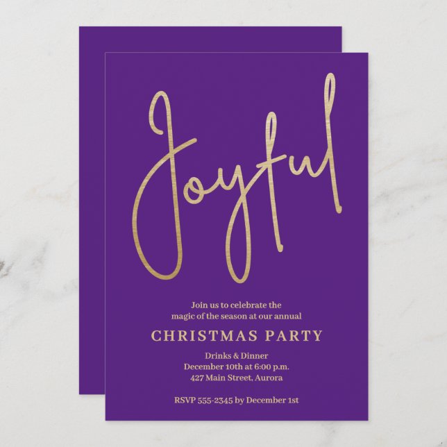 JOYFUL Gold Faux Foil on Purple Christmas Party Invitation (Front/Back)