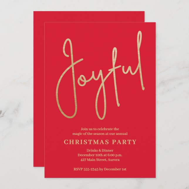 JOYFUL Gold Faux Foil on Red Christmas Party Invitation (Front/Back)