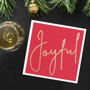 JOYFUL Gold Faux Foil on Red Napkin