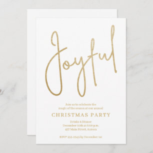 JOYFUL Gold Faux Foil on White Christmas Party Invitation