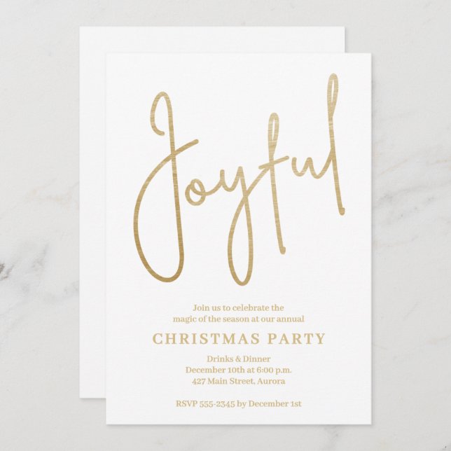 JOYFUL Gold Faux Foil on White Christmas Party Invitation (Front/Back)