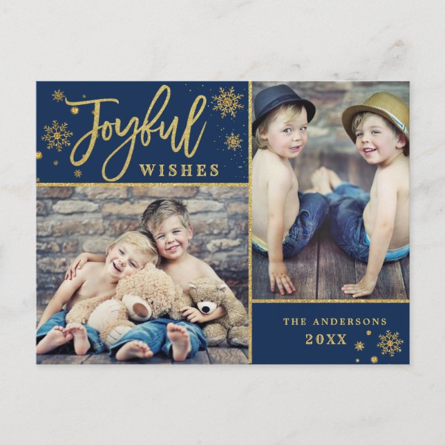 Joyful Gold Frame Modern Script 2 PHOTO Holiday Postcard (Front)