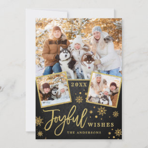 Joyful Gold Frame Modern Script 3 PHOTO Greeting Holiday Card