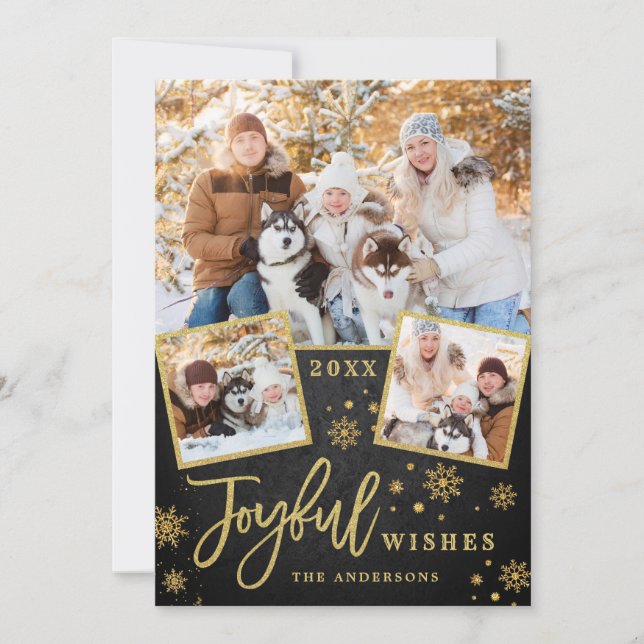 Joyful Gold Frame Modern Script 3 PHOTO Greeting Holiday Card (Front)