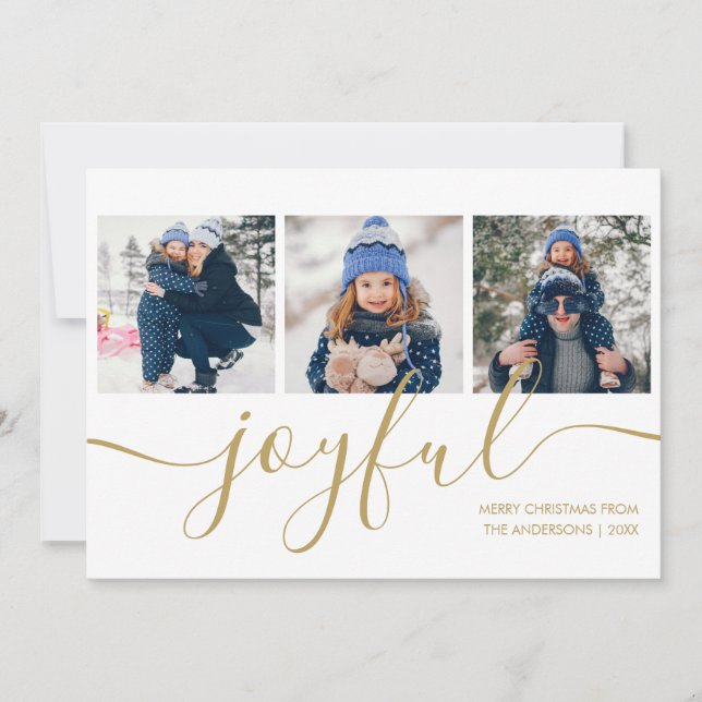Joyful Gold Script 3 Photo Christmas Holiday Card (Front)