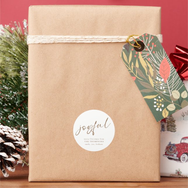 Joyful Gold Script Merry Christmas White Classic Round Sticker (Holiday)