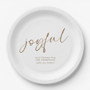 Joyful Gold Script Name Merry Christmas White Paper Plate
