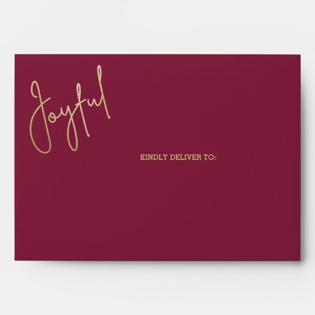 JOYFUL Gold Script on Cranberry Christmas Envelope (Front)