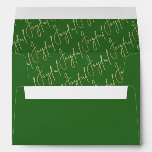 JOYFUL Gold Script on Green Christmas Envelope