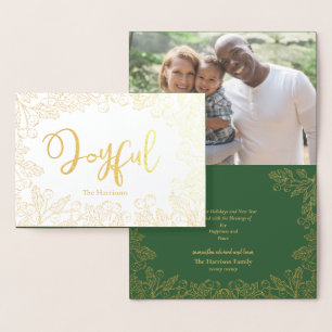 Joyful Gold Winter Berries Green Christmas Photo Foil Card