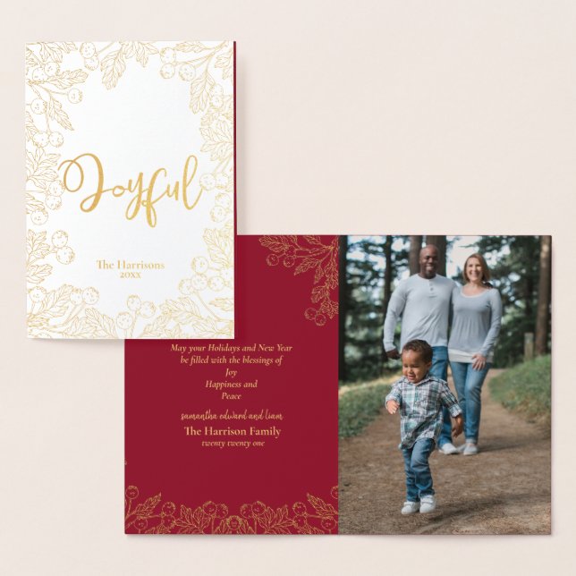 Joyful Gold Winter Berries Red Christmas Photo Foil Card (Display)