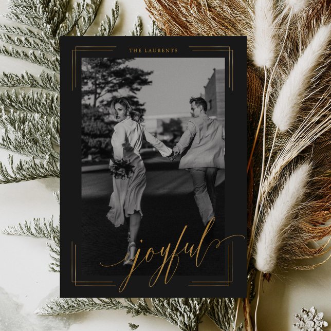 Joyful Golden Glitter Script Photo Christmas Card (Creator Uploaded)
