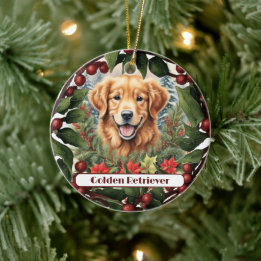 Joyful Golden Retriever, Personalised Christmas  Ceramic Tree Decoration