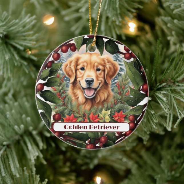 Joyful Golden Retriever, Personalised Christmas  Ceramic Tree Decoration (Tree)