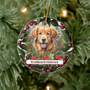 Joyful Golden Retriever, Personalized Christmas  Ceramic Tree Decoration