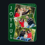 Joyful Green 3 Family Photo Collage Christmas Magnet<br><div class="desc">Modern green Christmas photo collage magnet with 3 family photographs in a fun overlapping snapshot pattern with white border and the word Joyful written vertically down the side. Find your three favourite pictures for these cute family holiday magnets.</div>