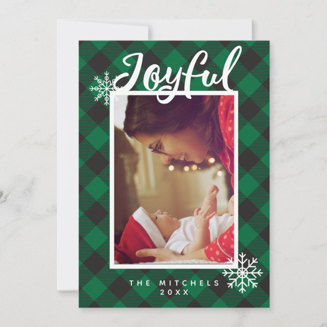 Joyful Green Buffalo Plaid Photo Card (Front)